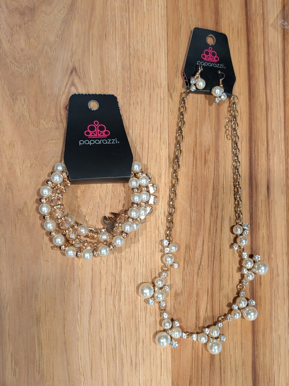 Paparazzi Gold Pearl & Crystal Necklace and Bracelet Set - Cream Pearls